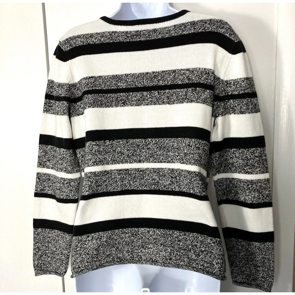Liz Claiborne Crazy Horse Womens Black/White Stripe V Neck Sweater Medium